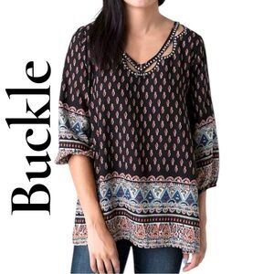 Buckle-Medium boho tunic w/rhinestones. 100% rayon, 3/4 sleeve. Gorgeous! EUC!